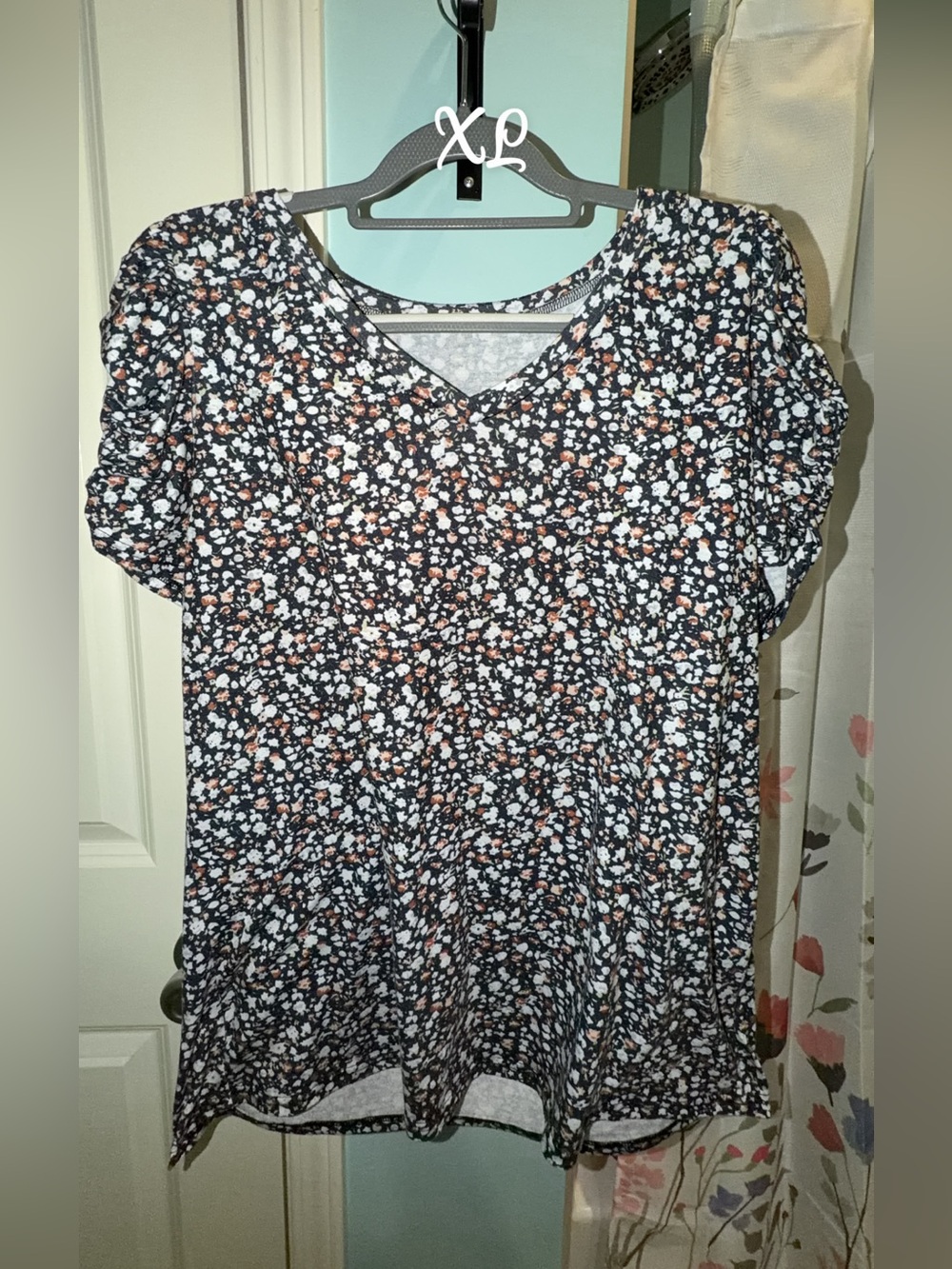 Black Floral V-Neck Tunic with light brown Accents